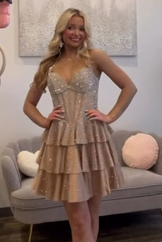 Sparkly Mint Ruffled Corset Halter Tiered Short Cocktail Dress with Beading