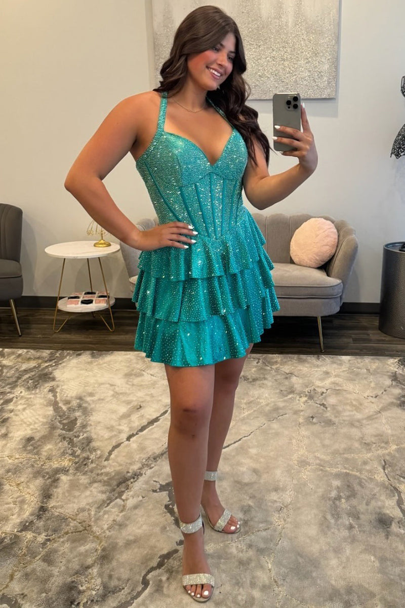 Load image into Gallery viewer, Sparkly Mint Ruffled Corset Halter Tiered Short Cocktail Dress with Beading
