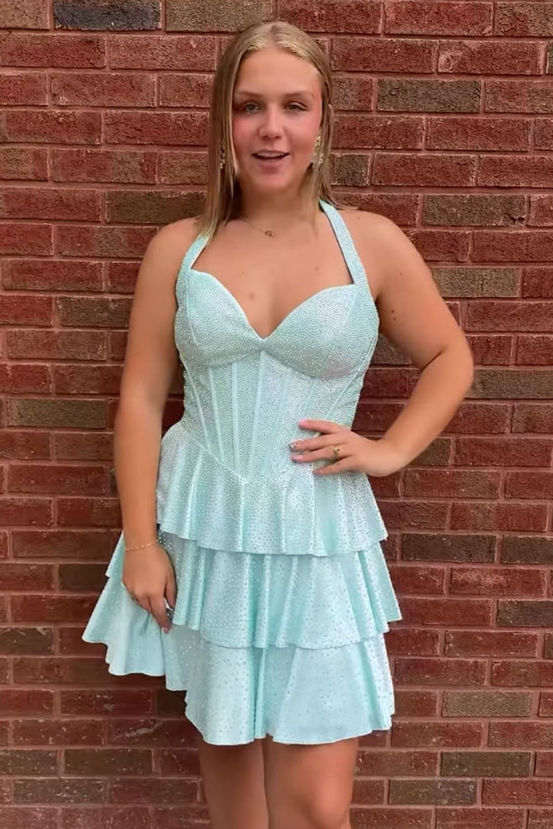 Load image into Gallery viewer, Sparkly Mint Ruffled Corset Halter Tiered Short Cocktail Dress with Beading