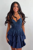 Load image into Gallery viewer, Sparkly Mint Ruffled Corset Halter Tiered Short Cocktail Dress with Beading