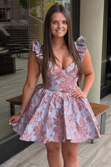 Floral Lilac V Neck Thick Straps A Line Short Cocktail Dress