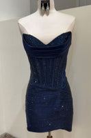 Load image into Gallery viewer, Sparkly Navy Corset Beaded Tight Sweetheart Short Cocktail Dress