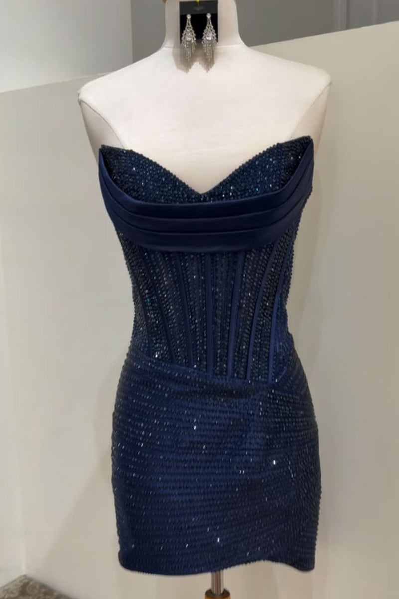 Load image into Gallery viewer, Sparkly Navy Corset Beaded Tight Sweetheart Short Cocktail Dress