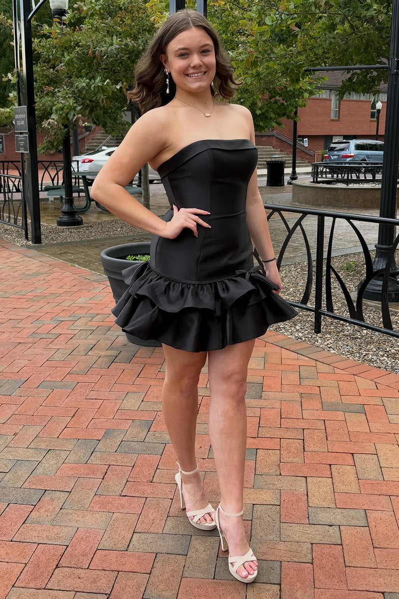Load image into Gallery viewer, Black Strapless Satin Tight Ruffled Short Cocktail Dress