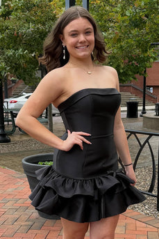 Black Strapless Satin Tight Ruffled Short Cocktail Dress