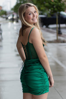 Sparkly Emerald Green Bodycon Corset Spaghetti Straps Short Cocktail Dress