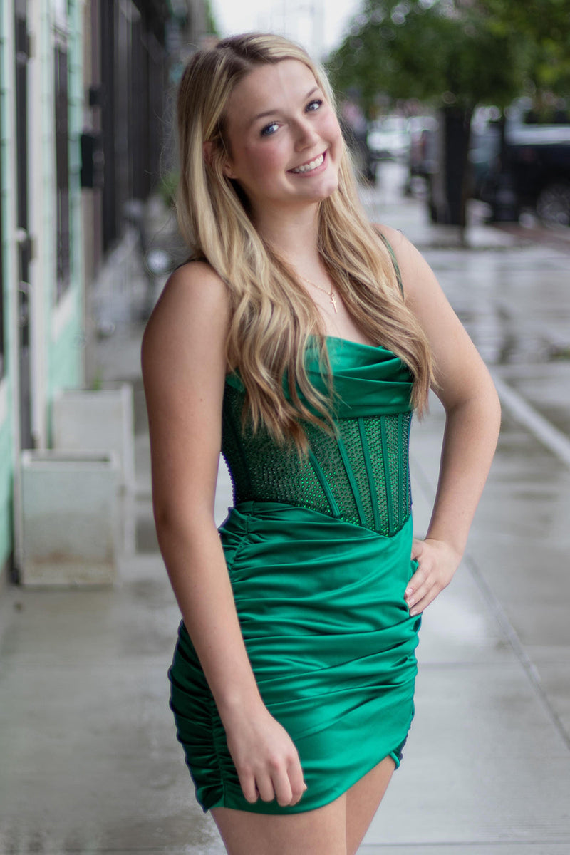 Load image into Gallery viewer, Sparkly Emerald Green Bodycon Corset Spaghetti Straps Short Cocktail Dress