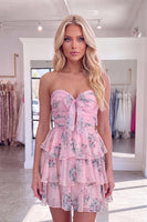 Load image into Gallery viewer, Floral Yellow Ruffled Strapless Short Cocktail Dress with Keyhole