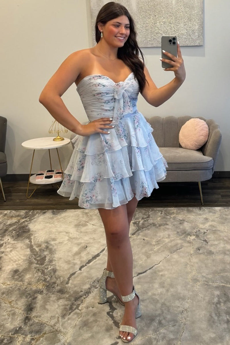 Load image into Gallery viewer, Floral Yellow Ruffled Strapless Short Cocktail Dress with Keyhole