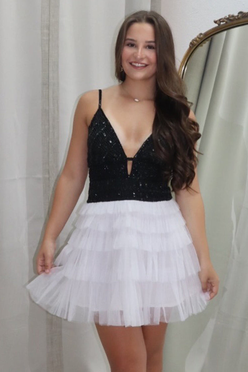 Load image into Gallery viewer, Sparkly Black Ruffled V-Neck A Line Short Cocktail Dress with Sequins