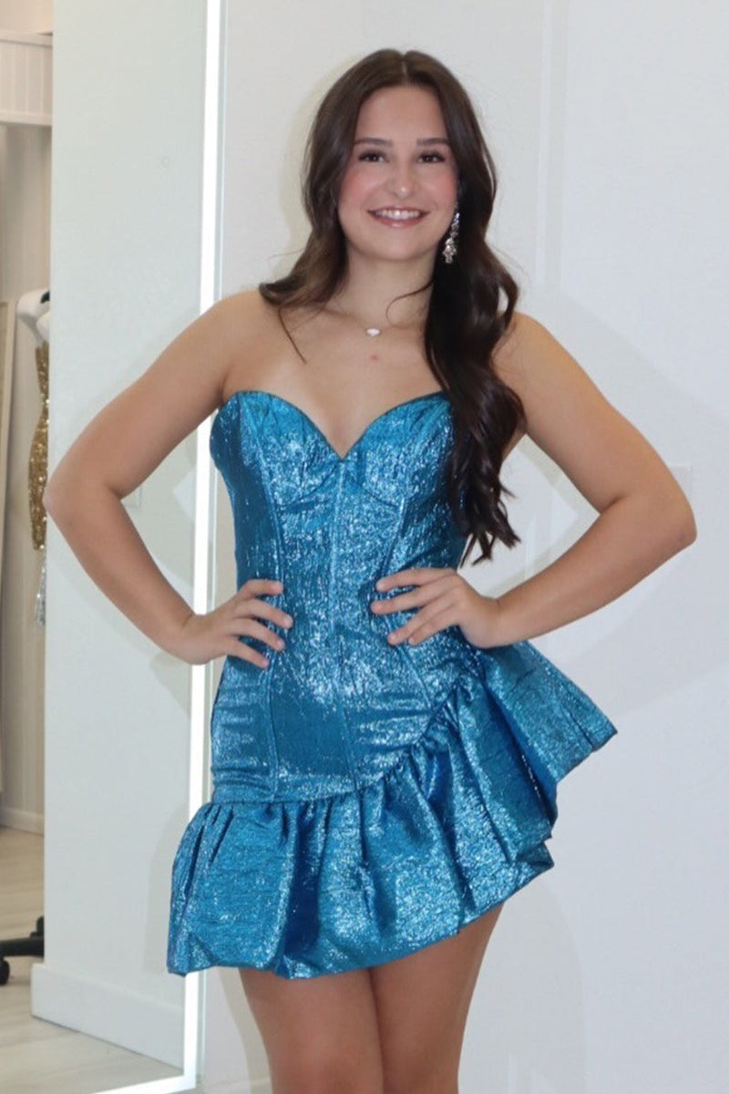 Load image into Gallery viewer, Sparkly Blue Sweetheart Corset Ruffled Bodycon Short Cocktail Dress