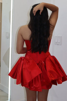 Red A Line Strapless Satin Short Cocktail Dress with Bows