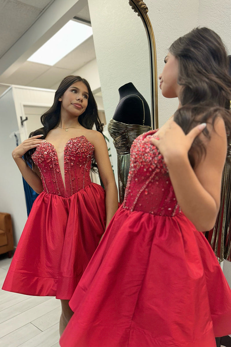 Load image into Gallery viewer, Sparkly Red Strapless Corset Short Cocktail Dress with Rhinestones
