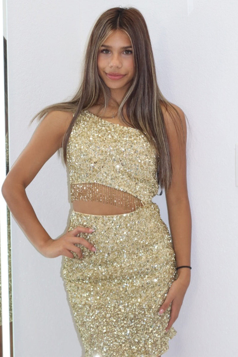 Load image into Gallery viewer, Sparkly Gold One Shoulder Fringed Sequins Short Cocktail Dress