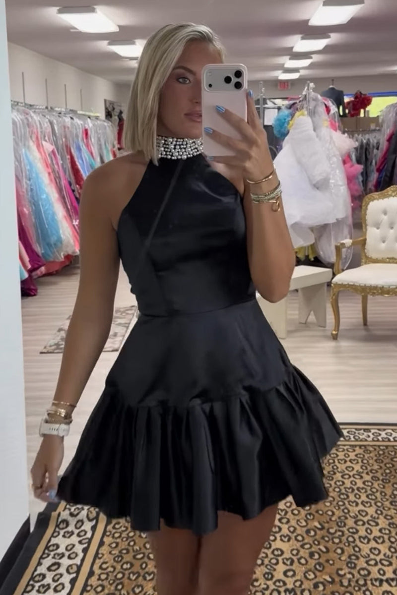 Load image into Gallery viewer, Black A Line Satin Halter Short Cocktail Dress with Pearls