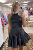 Load image into Gallery viewer, Black A Line Satin Halter Short Cocktail Dress with Pearls