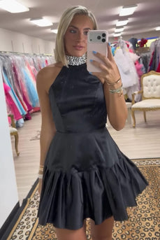 Black A Line Satin Halter Short Cocktail Dress with Pearls