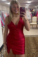 Load image into Gallery viewer, Red Sparkly Cut Out V-Neck Bodycon Short Cocktail Dress with Slit