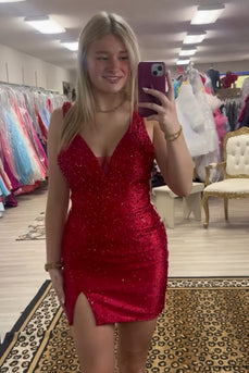 Red Sparkly Cut Out V-Neck Bodycon Short Cocktail Dress with Slit