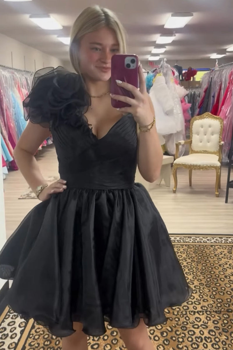 Load image into Gallery viewer, Black Ruched V Neck A Line Short Cocktail Dress with 3D Flower