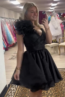 Black Ruched V Neck A Line Short Cocktail Dress with 3D Flower