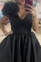 Load image into Gallery viewer, Black Ruched V Neck A Line Short Cocktail Dress with 3D Flower
