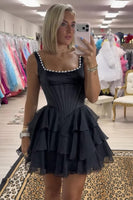 Load image into Gallery viewer, Black Ruffled A Line Square Neck Corset Short Cocktail Dress with Pearls