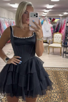 Black Ruffled A Line Square Neck Corset Short Cocktail Dress with Pearls