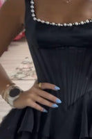 Load image into Gallery viewer, Black Ruffled A Line Square Neck Corset Short Cocktail Dress with Pearls