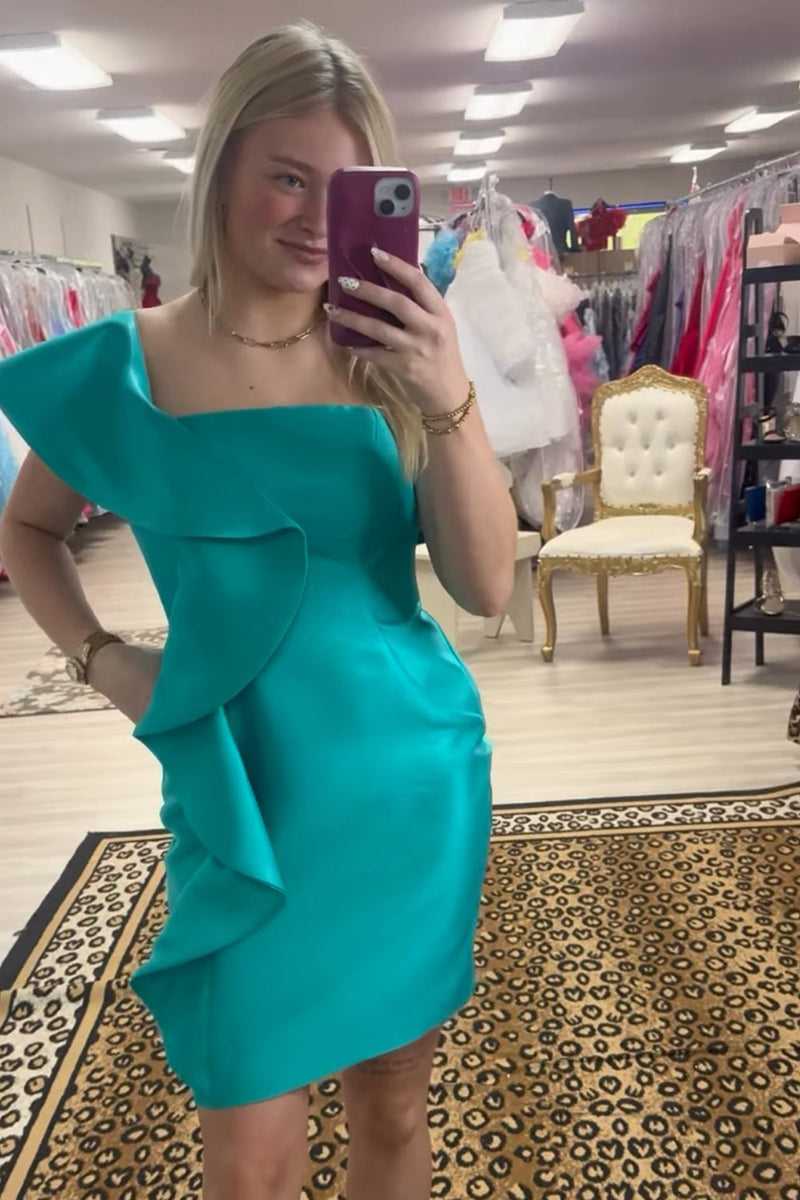 Load image into Gallery viewer, Peacock Green One Shoulder Bodycon Ruffled Short Cocktail Dress