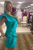 Load image into Gallery viewer, Peacock Green One Shoulder Bodycon Ruffled Short Cocktail Dress