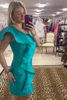 Peacock Green One Shoulder Bodycon Ruffled Short Cocktail Dress