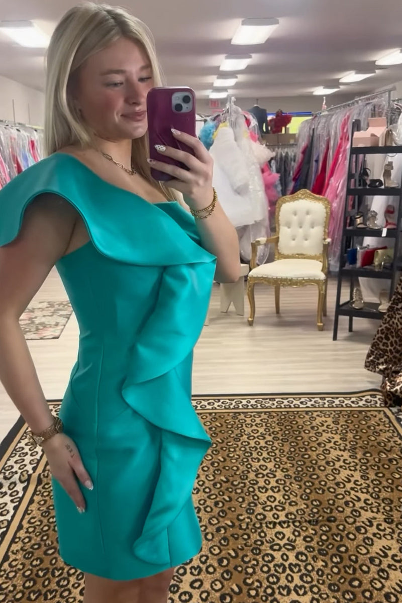 Load image into Gallery viewer, Peacock Green One Shoulder Bodycon Ruffled Short Cocktail Dress
