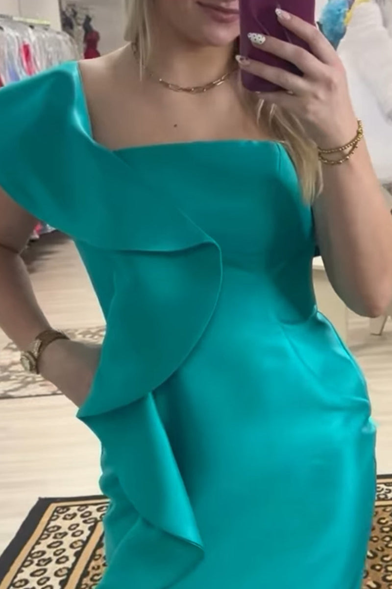 Load image into Gallery viewer, Peacock Green One Shoulder Bodycon Ruffled Short Cocktail Dress