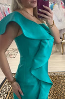 Load image into Gallery viewer, Peacock Green One Shoulder Bodycon Ruffled Short Cocktail Dress