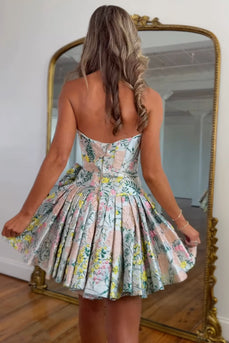 Light Green A Line Corset Floral Strapless Short Cocktail Dress with Bow