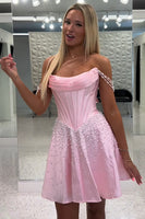 Load image into Gallery viewer, Pink Corset Off the Shoulder Sparkly Short Cocktail Dress with Pearls