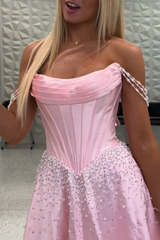 Pink Corset Off the Shoulder Sparkly Short Cocktail Dress with Pearls