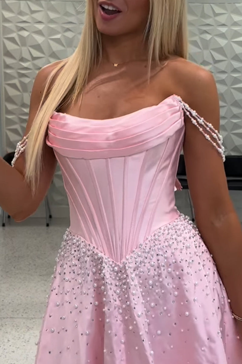 Load image into Gallery viewer, Pink Corset Off the Shoulder Sparkly Short Cocktail Dress with Pearls
