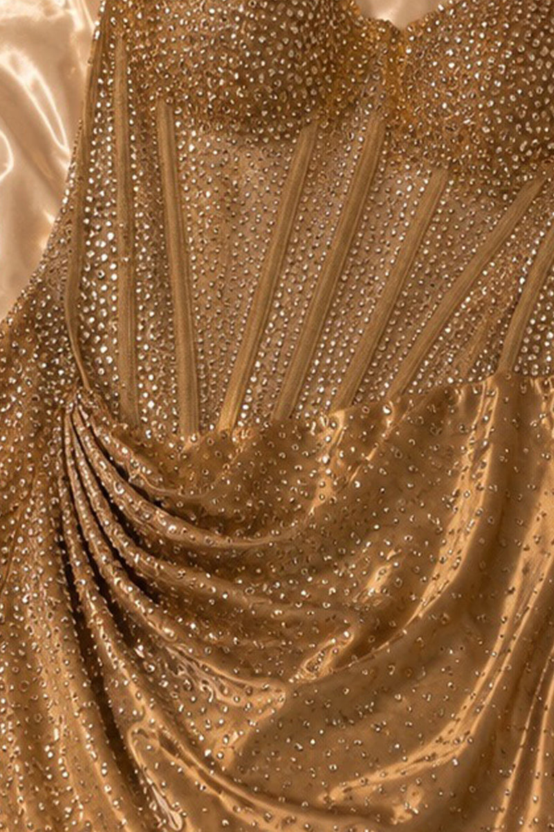 Load image into Gallery viewer, Sparkly Gold Ruched Beaded Corset Short Cocktail Dress