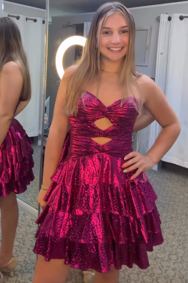 Load image into Gallery viewer, Fuchsia Cut Out Strapless A Line Ruffled Short Cocktail Dress