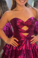 Load image into Gallery viewer, Fuchsia Cut Out Strapless A Line Ruffled Short Cocktail Dress