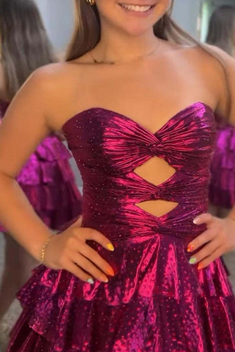 Load image into Gallery viewer, Fuchsia Cut Out Strapless A Line Ruffled Short Cocktail Dress