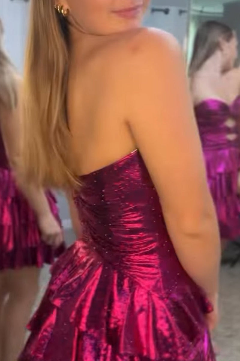 Load image into Gallery viewer, Fuchsia Cut Out Strapless A Line Ruffled Short Cocktail Dress