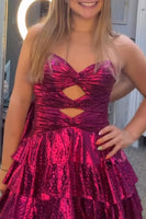 Load image into Gallery viewer, Fuchsia Cut Out Strapless A Line Ruffled Short Cocktail Dress