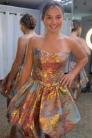 Load image into Gallery viewer, Green and Gold Strapless Corset Ruched Short Bubble Cocktail Dress