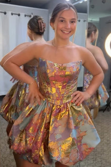 Green and Gold Strapless Corset Ruched Short Bubble Cocktail Dress