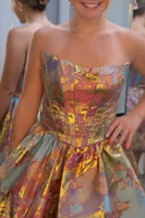 Load image into Gallery viewer, Green and Gold Strapless Corset Ruched Short Bubble Cocktail Dress