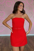 Load image into Gallery viewer, Red Bodycon Satin Strapless Short Cocktail Dress with Belt