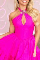 Load image into Gallery viewer, Fuchsia A Line Halter Corset Short Cocktail Dress with Keyhole